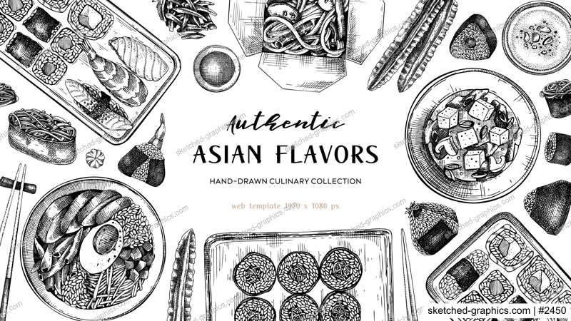 Asian food background. Japanese cuisine banner design. Hand-drawn vector illustrations in engraved style. NOT AI generated