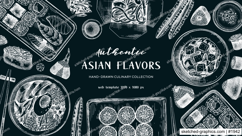 Asian food background. Japanese cuisine chalkboard design. Hand-drawn vector illustrations in engraved style. NOT AI generated