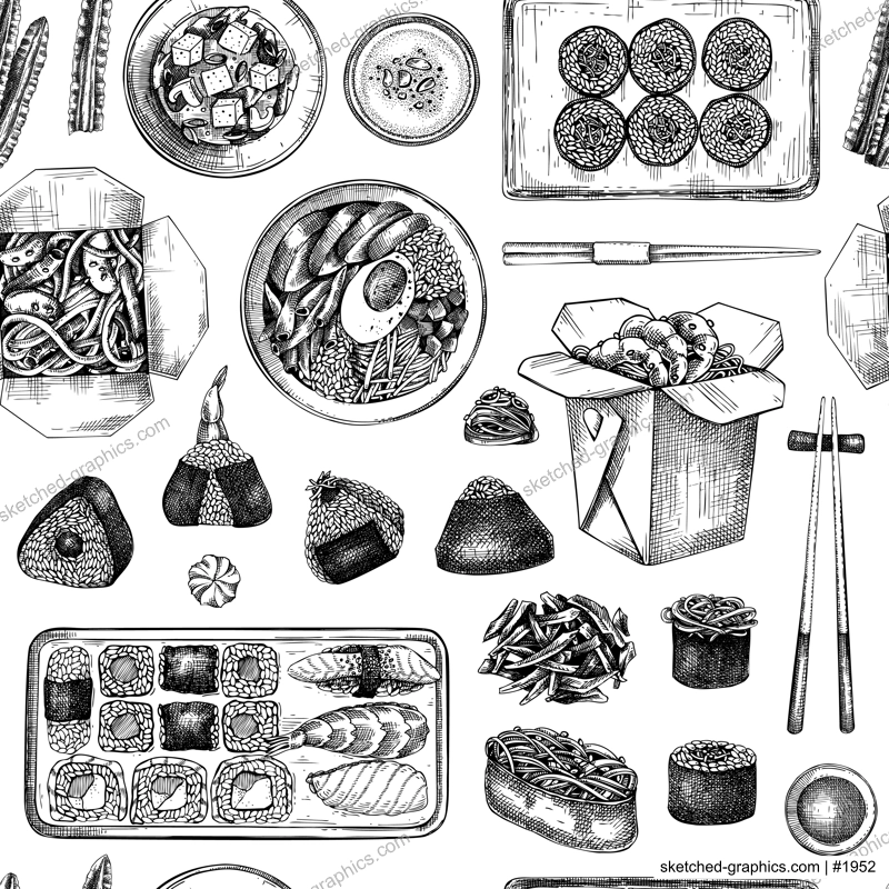 Asian food background. Japanese cuisine seamless pattern. Hand-drawn vector illustration in engraved style. NOT AI generated