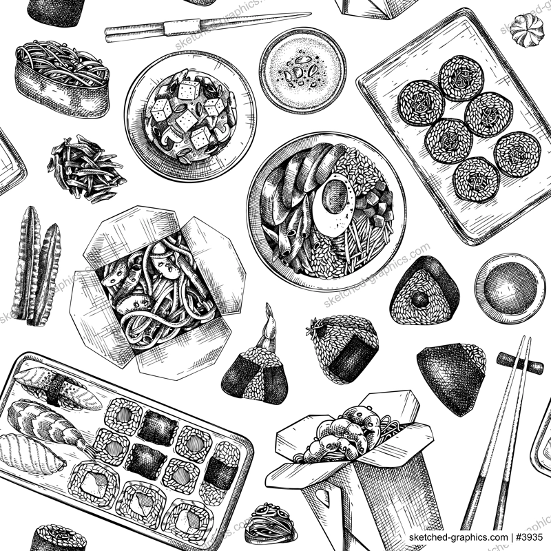 Asian food background. Japanese cuisine seamless pattern. Hand-drawn vector illustration in engraved style. NOT AI generated