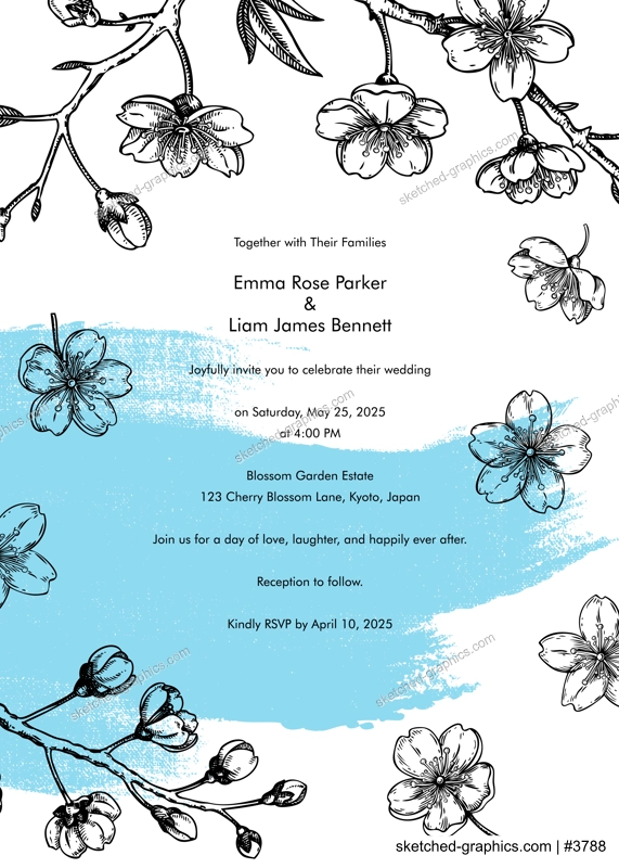 Japanese style invitation design. Spring hand-drawn vector illustration. Sakura, cherry blossom sketches. greeting card template. NOT AI generated