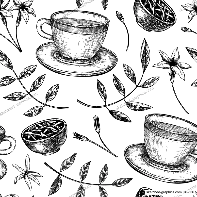 Jasmine tea seamless pattern. Vector background with sketched teacups, dried leaves, jasmine blossoms drawings. Green tea backdrop. Hot drinks design.
