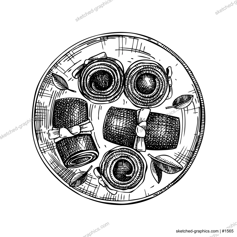 Hand drawn Kobumaki sketch. Stuffed Kelp Rolls With Salmon on plate - vector illustration. Kombu rolls drawing in engraved style. Edible algae. Japanese cuisine meal. Healthy food design