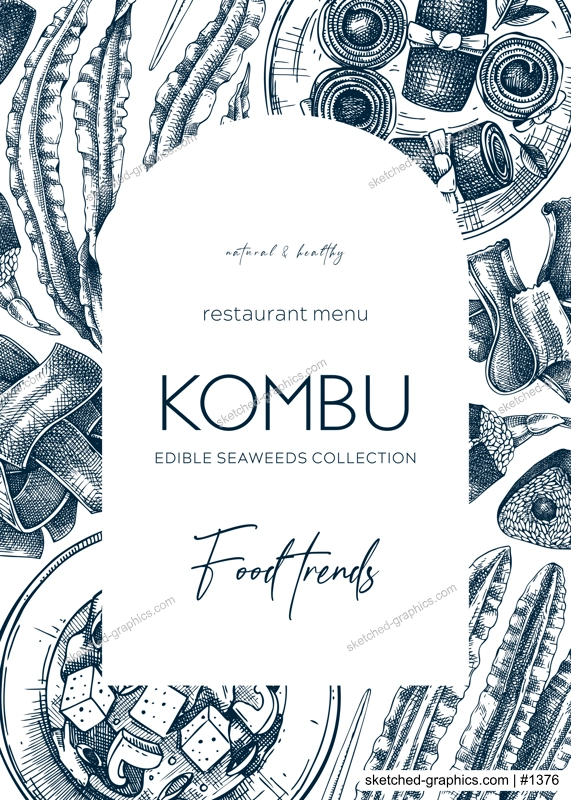 Hand-drawn Kombu arc design. Edible algae frame template. Sea vegetable vintage illustrations. Healthy food vector background with seaweed elements, ingredients and dishes sketches
