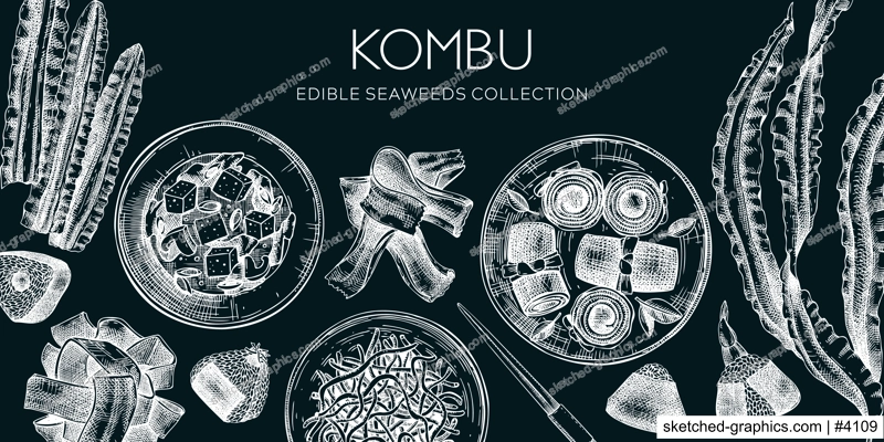 Hand-drawn Kombu banner design. Edible seaweed drawings on chalkboard. Sea vegetable illustrations. Healthy food vector background. Japanese cuisine. Trendy restaurant menu template