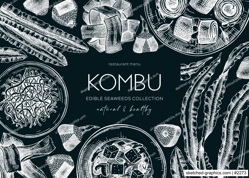 Hand-drawn Kombu banner design. Edible seaweed drawings on chalkboard. Sea vegetable illustrations. Healthy food vector background. Japanese cuisine. Trendy restaurant menu template