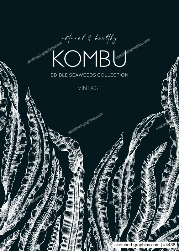 Hand drawn Kombu card design. Laminaria botanical frame. Seaweed drawing isolated on chalkboard. Healthy food ingredients illustration. Wedding invitantion template in color
