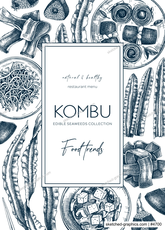 Hand-drawn Kombu frame design. Edible seaweed flyer template. Sea vegetable illustrations. Healthy food  and ingredients vector background. For Japanese cuisine, restaurant menu design, packaging.
