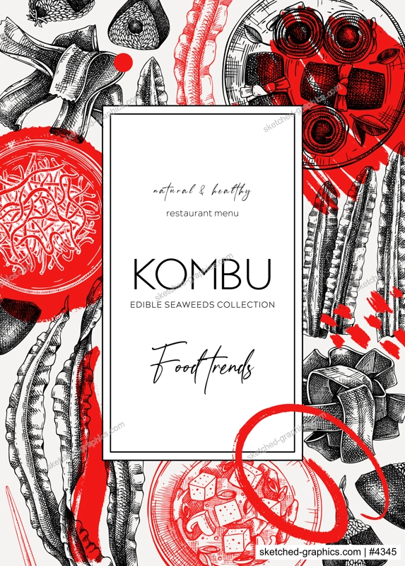 Hand-drawn Kombu frame design. Edible seaweed flyer template in collage style. Sea vegetable illustrations. Healthy food vector background. For Japanese cuisine, restaurant menu design, packaging.