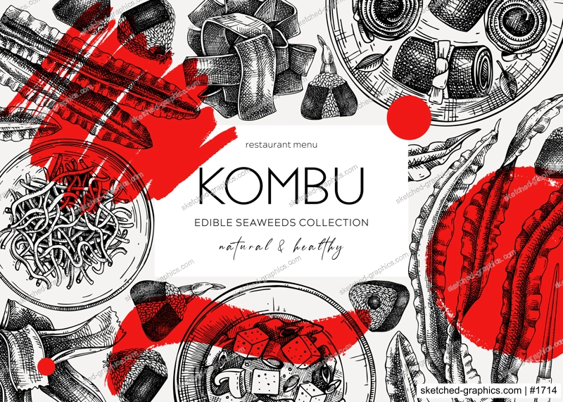 Collage-style Kombu banner design. Edible seaweed drawings. Hand-drawn sea vegetable illustrations. Healthy food vector background. Japanese cuisine trendy restaurant menu template