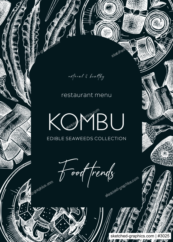 Hand-drawn Kombu arc design. Edible seaweed frame template on chalkboard. Sea vegetable illustrations. Healthy food vector background. For Japanese cuisine, restaurant menu design, packaging.