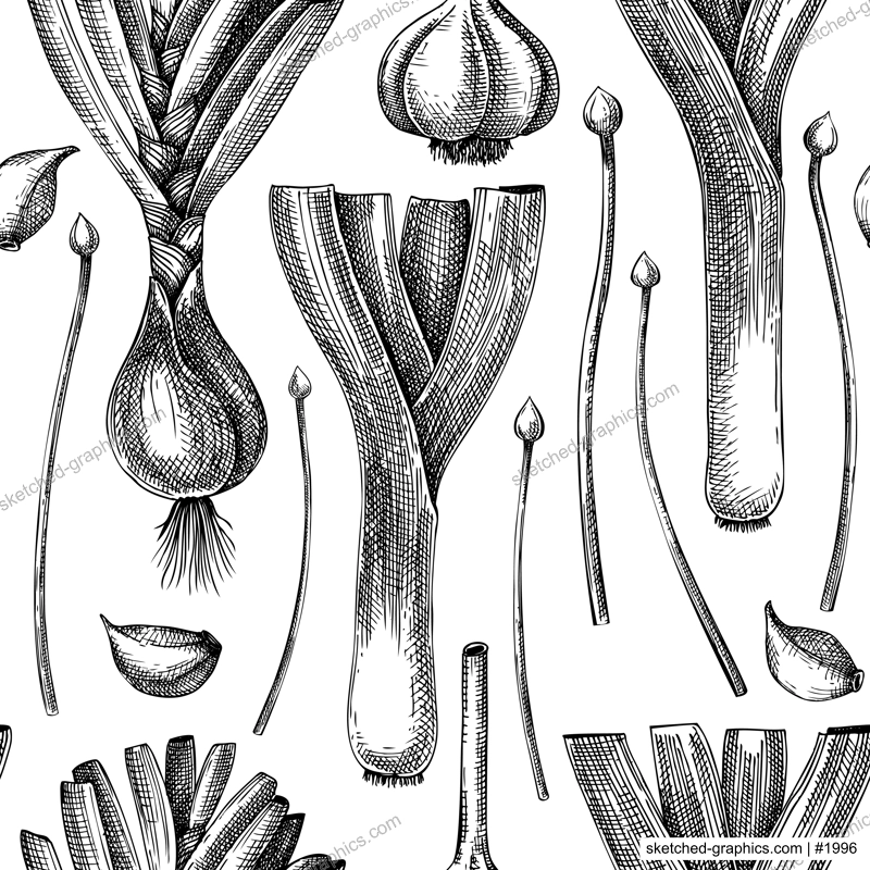 Fresh leek sketch background. Hand-sketched Vegetable seamless pattern. Healthy food plant. Vector drawing of raw cultivated onion, leek, garlic, chives. For grocery, packaging, recipes, menus design.