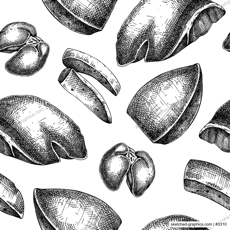 Organ meat pattern. Liver seamless endless background design. Repeating print with chicken, beef, pork liver. Offal products vector sketches for fabric, textile, packaging