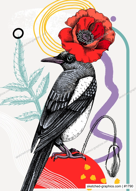 Collage style magpie vector illustration. Hand-sketched bird with poppy flower. Trendy design with botanical, geometric shapes, and abstract elements. Perfect for print, poster, card, social media