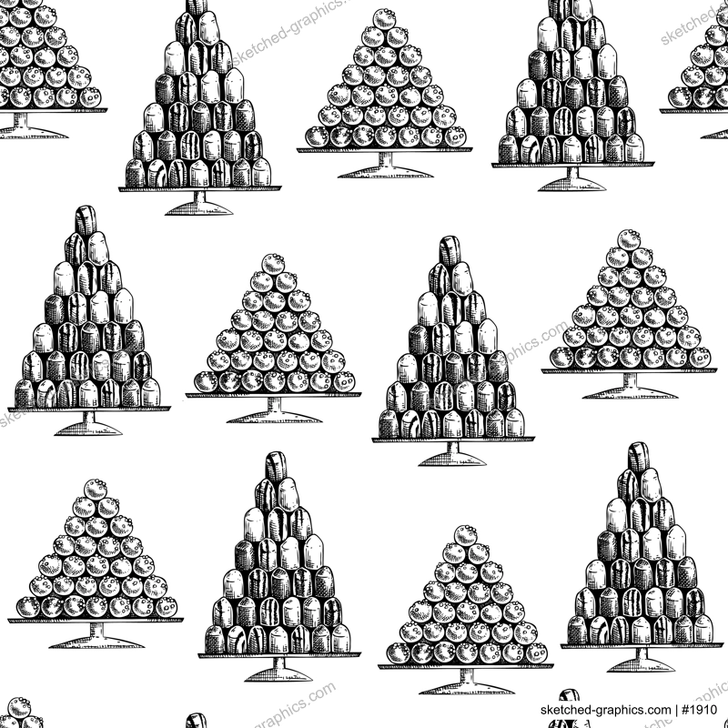 Mallow puffs hand-drawn vector illustration. Schokokuss - delicious marshmallow filling on a waffle base sketch. Traditional Christmas market food seamless pattern