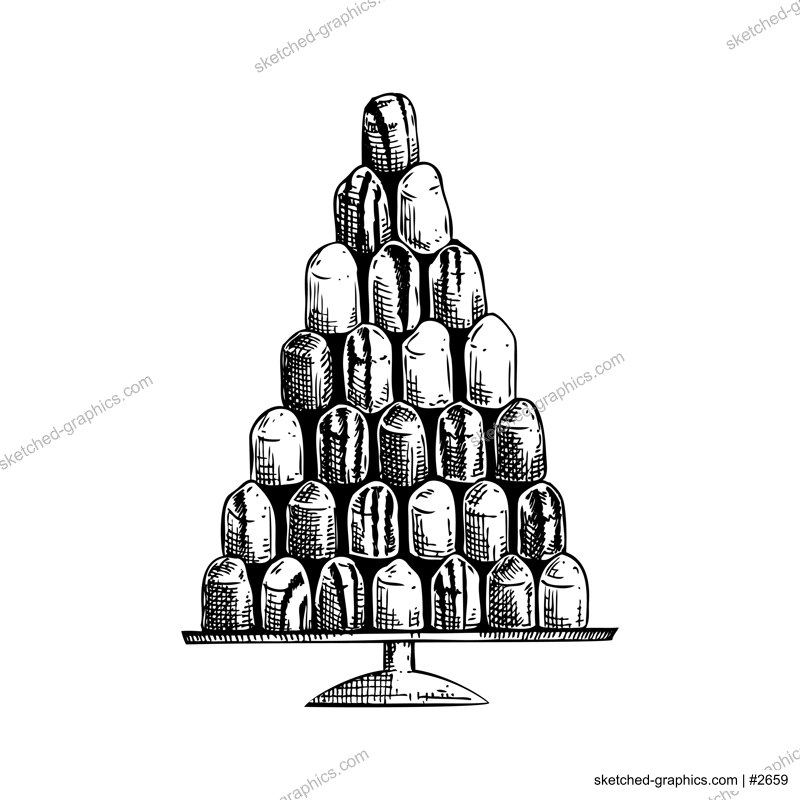 Mallow puffs sketch. Hand-drawn vector illustration. Schokokuss - delicious flavoured marshmallow filling on a waffle base. Traditional Christmas market food, dessert, sweets design element