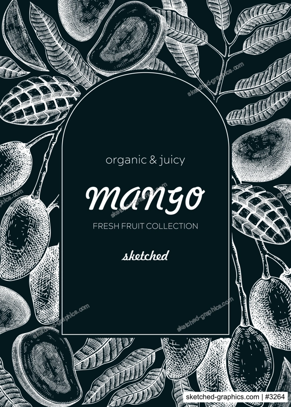 Fruit design template on chalkboard. Realistic mango hand-drawn vector illustration. Exotic fruit, mango tree branches, leaves sketches. Vintage frame, packaging, Healthy food. Summer design element