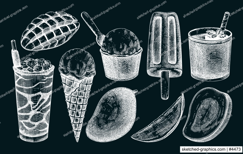 Mango and desserts sketches on chalkboard. Summer food hand drawn vector illustrations. Tropical fruit,  ice cream, cocktails, sorbet, gelato drawings. Sweet food design elements for labels, packaging