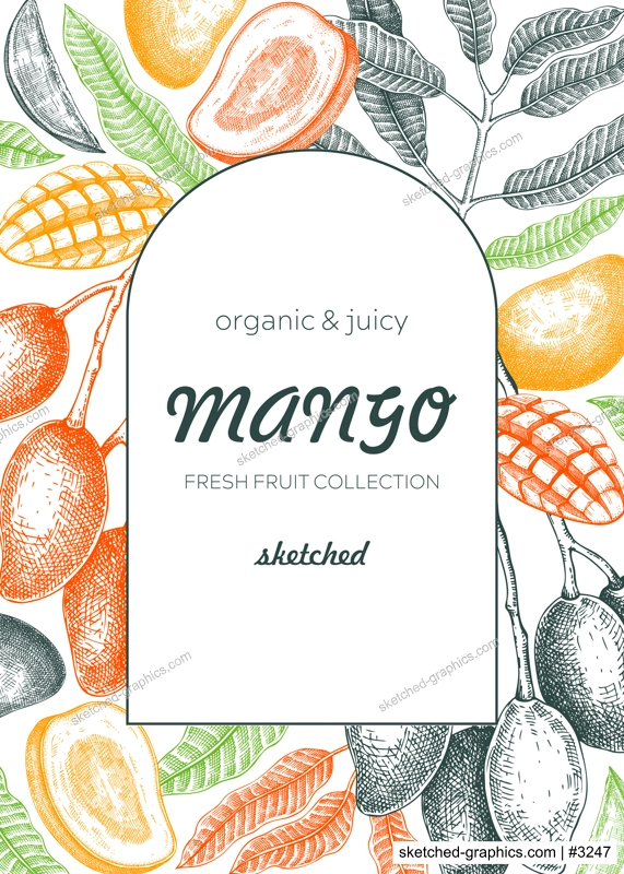 Tropical fruit frame design. Summer background. Mango fruit sketch, hand-drawn vector illustration. Juice packaging, card invitation, label template. NOT AI generated