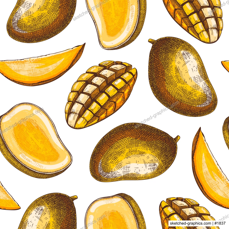 Ripe mango background. Tropical fruit seamless pattern in color. Hand drawn vector illustration. Exotic plant with fruit sketches. Summer food design, juice packaging, wrapping paper