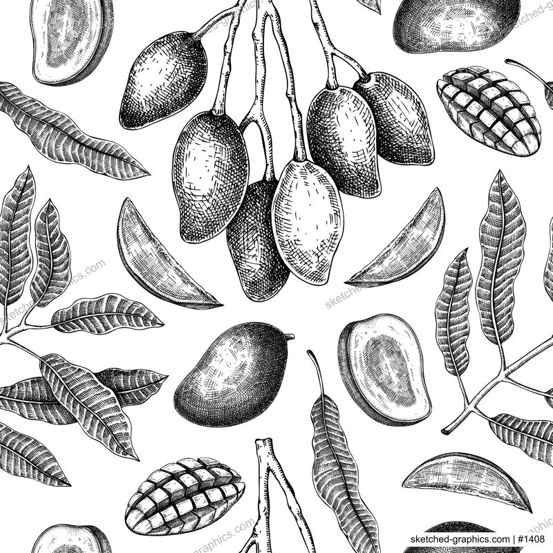 Tropical fruit seamless pattern. Ripe mango sketch. Hand-drawn vector illustration. Exotic plant background. Collage style design. NOT AI generated