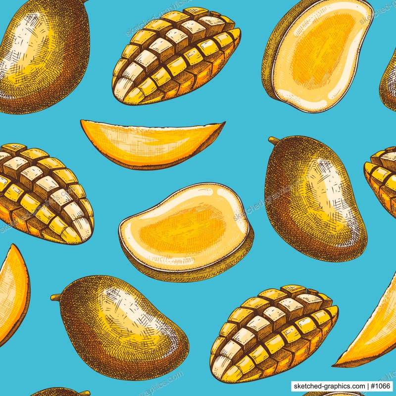 Tropical fruit seamless pattern. Ripe mango sketch. Hand-drawn vector illustration. Exotic plant background, texture, textile design. NOT AI generated
