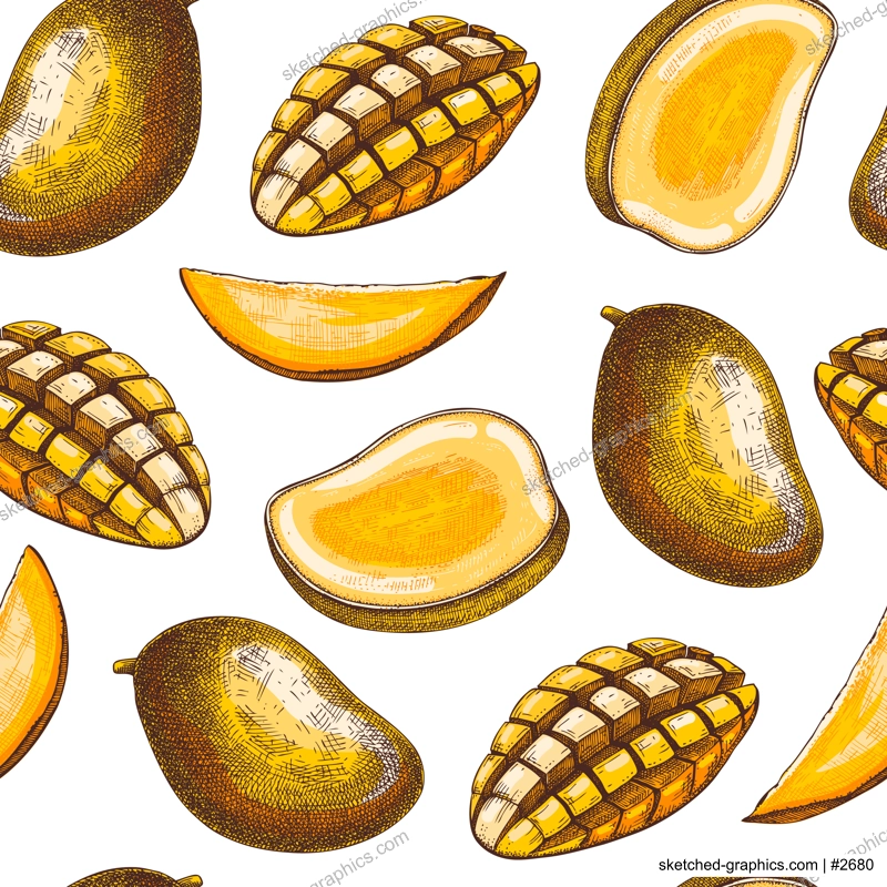 Tropical fruit seamless pattern. Ripe mango sketch. Hand-drawn vector illustration. Exotic plant background, texture, textile design. NOT AI generated