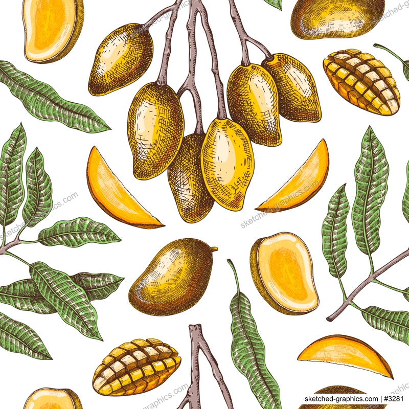 Tropical fruit seamless pattern. Ripe mango sketch. Hand-drawn vector illustration. Exotic plant background, texture, textile design. NOT AI generated