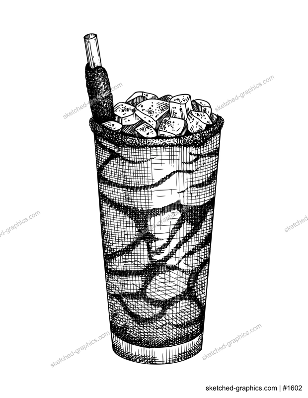 Cold summer drink with fresh mango slices and spicy sauce. Vector beverage illustration isolated on white background. Mango sherbet cocktail in sketch. Hand drawn Mexican cuisine design element 