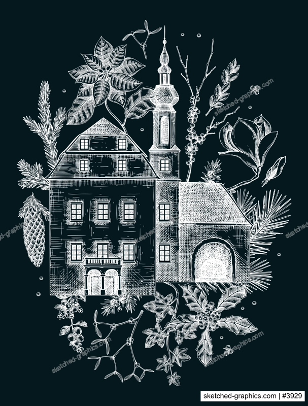 Christmas card design. Architecture sketch. Vintage mansoin house, old castle drawing on chalkboard. Hand-drawn botanical illustration.NOT AI generated