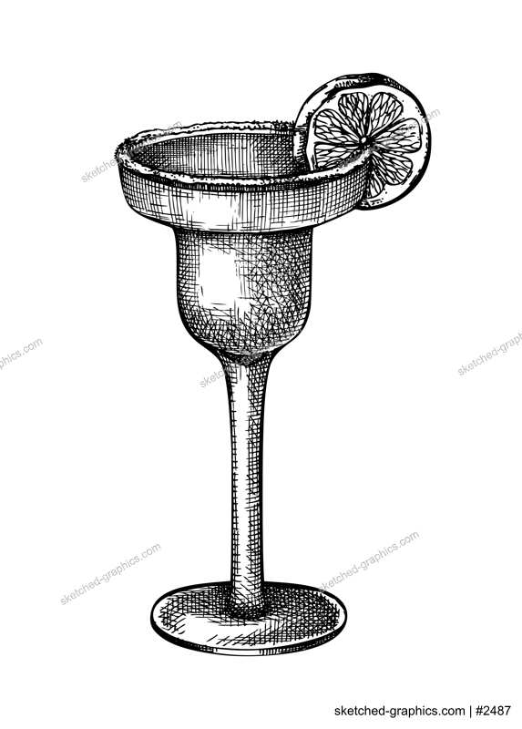 Hand-sketched Margarita cocktail illustration. Vector sketch of alcoholic drink in elegant glass. Classic cocktail with  tequila, orange liqueur, lime juice, and salt  hand-drawing isolated on white