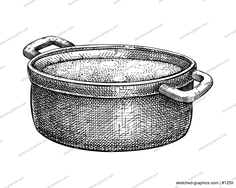 Marrow bone broth in pan sketch. Cooked soup isolated on white background. Hand drawn healthy food illustration for cafe, restaurant, recipes, menu in vintage style.