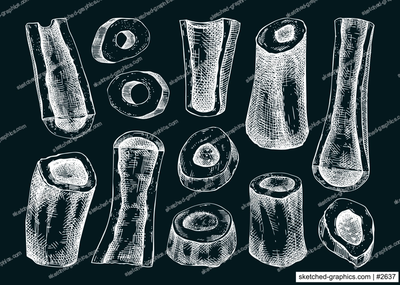 Big marrowbone with meat sketches set. Raw bones isolated on chalkboard. Hand drawn ingredients, healthy food illustration for butchery, recipes, menu in vintage style. 