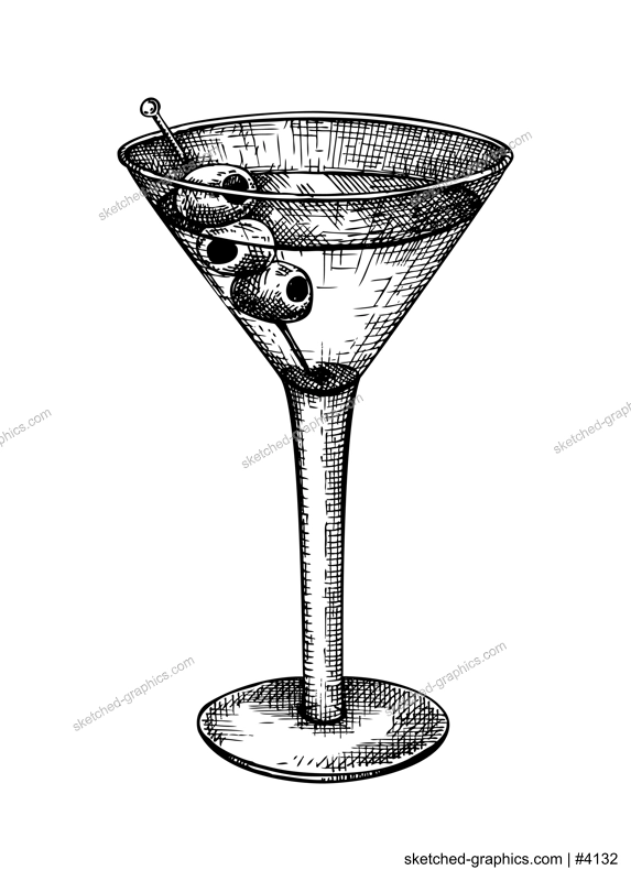 Hand-sketched martini glass with olives illustration. Vector sketch of the popular drink bowl isolated on white background. Alcoholic drawing of cone glass for bar or restaurant menu design.