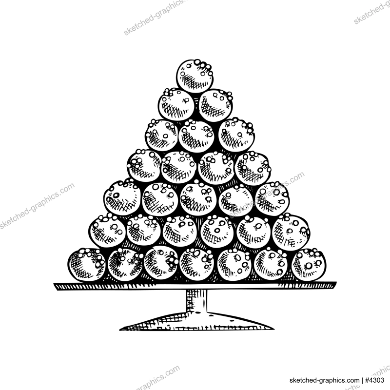 Marzipan candies on plate sketch. Hand-drawn vector illustration. Marzipan potatoes drawing. Traditional European Christmas market food, sweets, desserts. Christmas design elements