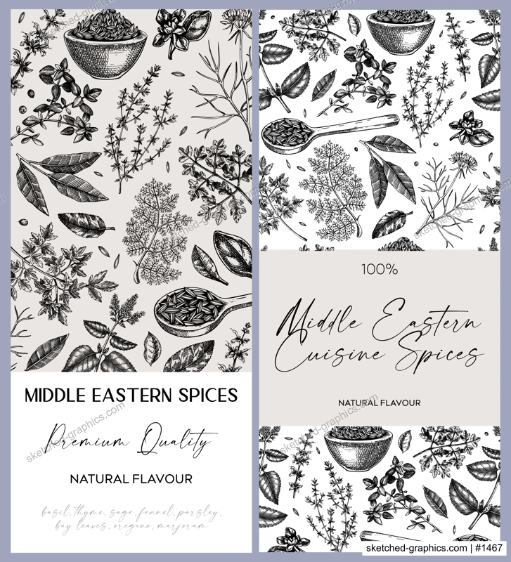 Middle Eastern spice label design set. Basil, mint, rosemary, parsley, sage, bay leaf, fennel  sketches. Herbs hand-drawn vectot illustration. Vintage spice templates. NOT AI generated