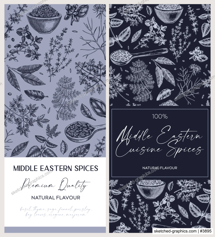 Middle Eastern spice label design set. Basil, mint, rosemary, parsley, sage, bay leaf, fennel  sketches. Herbs hand-drawn vectot illustration. Vintage spice templates. NOT AI generated