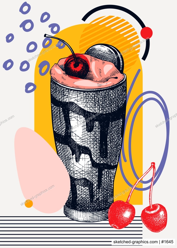 Collage style milkshake vector illustration. Sketched cocktail drawing. Trendy design with milkshake with cherry, geometric and abstract shapes. Sweet drink for print, poster, card, menu, wall art