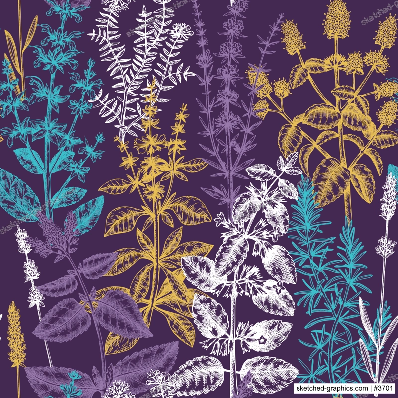 Mints and balms seamless pattern. Hand sketched aromatic and medicinal herbs background. Herbal tea ingredients. Mint plants for cosmetics, perfumery, textile, wrapping, packaging, fabric. 