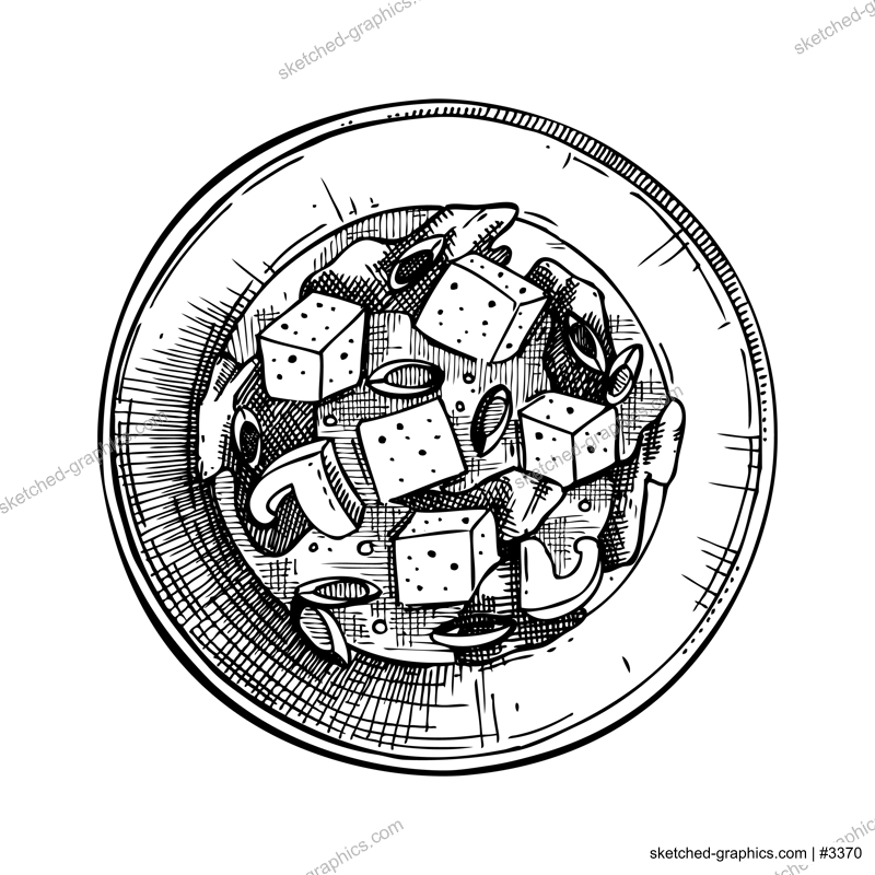 Hand drawn bowl with miso soup with kombu seaweeds, tofu, mushrooms isolated on white background. Hand drawn healthy food ingredient  vector illustration. Asian cuisine restaurant menu design element