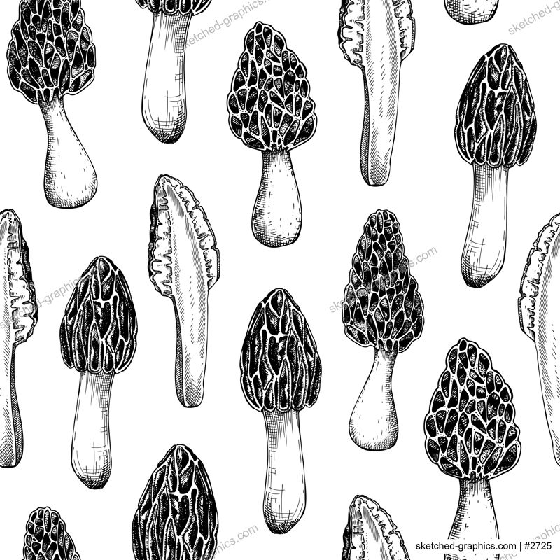 Morel mushroom background. Edible fungus seamless pattern. Morchella mushroom design in color. Fungal protein, mycoprotein source, healthy food, plant-based meat substitutes vintage illustration  