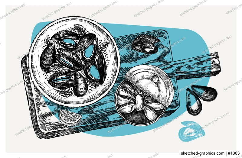 Cooked mussels with herbs on plate illustration. Shellfish and seafood restaurant design element. Hand drawn mussels sketch isolated on vintage background. For menu, recipes, logos, flyer, invitation.