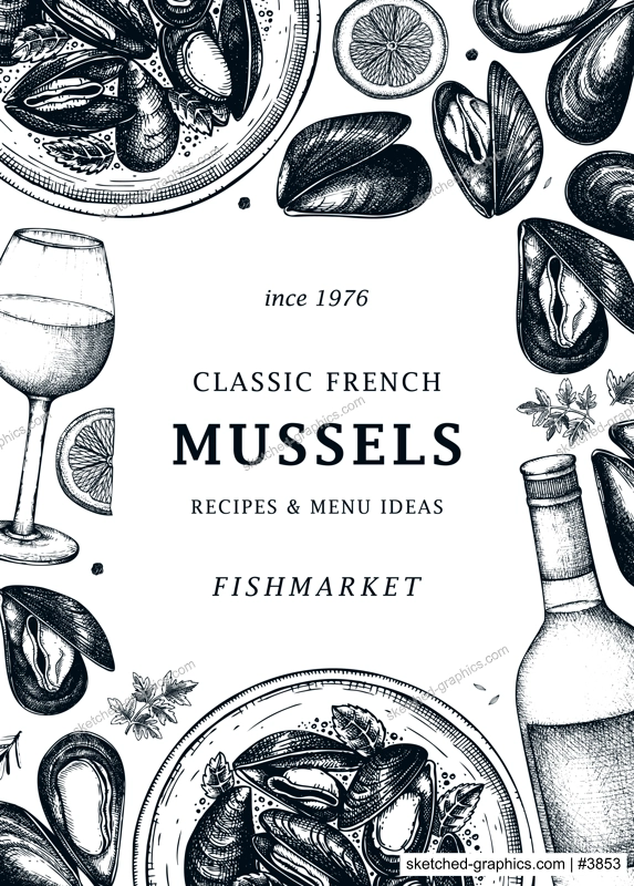 Cooked mussels on plate with herbs and wine illustration. Shellfish and seafood restaurant menu design. Hand drawn mussels sketch banner or card template in vintage style