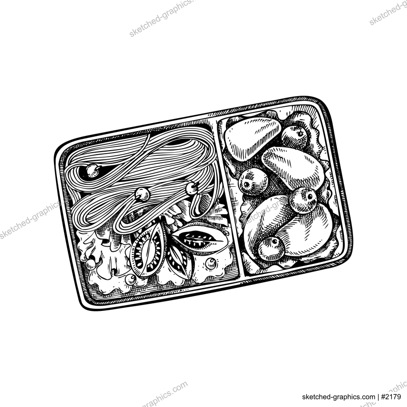 Asian food sketch. Noodles with chicken and vegetables in plastic container drawing. Vintage fast food drawing. Food delivery design element. Take away box package
