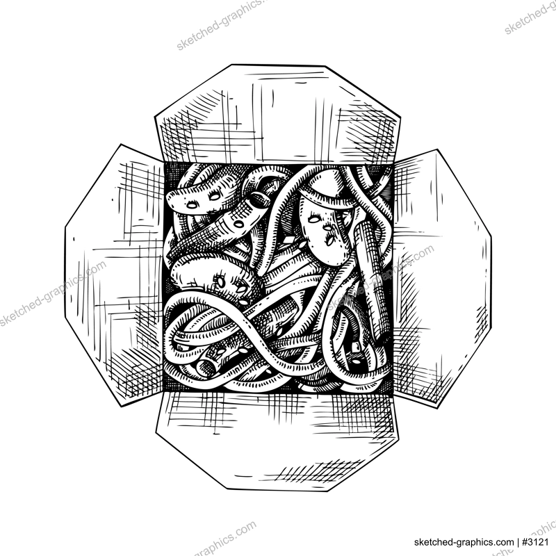 Noodles in paper box. Asian cuisine meal sketch. Vintage fast food drawing. Food delivery design element. Take away box package