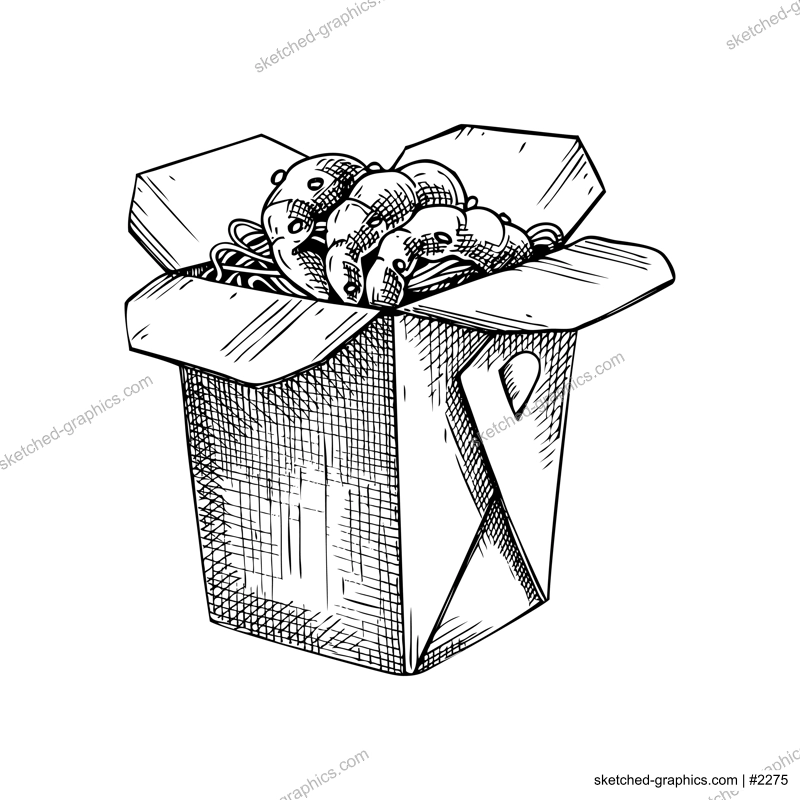 Noodles with shrimps in paper box. Asian cuisine meal sketch. Vintage fast food drawing. Food delivery design element. Take away box package