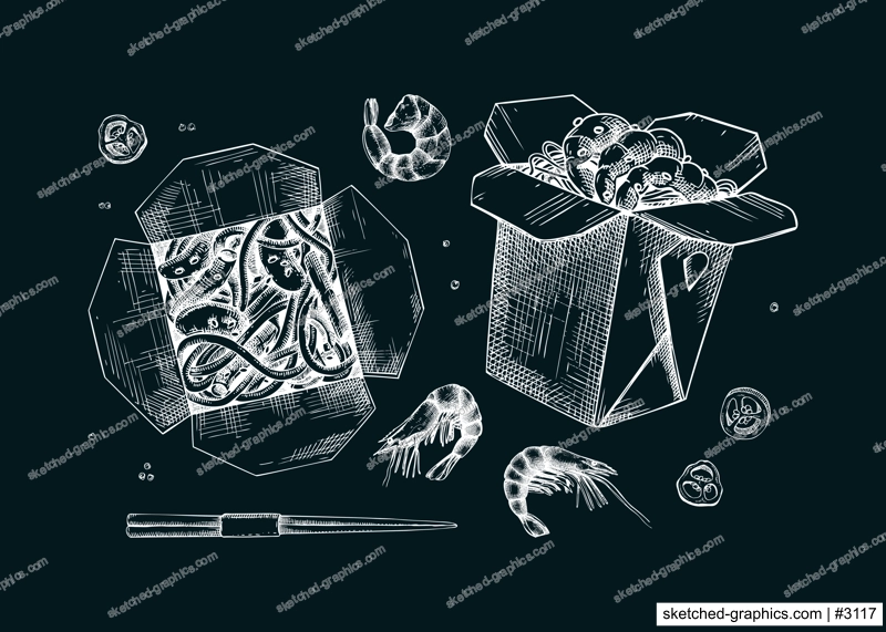 Noodles with shrimps in paper box on chalkboard. Asian cuisine meal sketches. Vintage fast food drawing. Food delivery design element. Take away box packages set