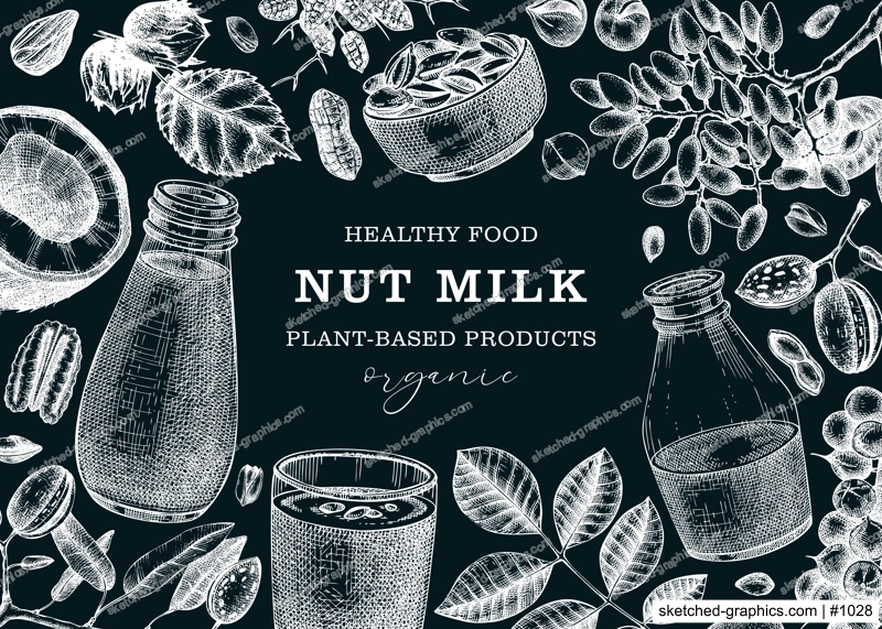 Nut milk, banner design. Pistachio, pecan, walnut, coconut, hazelnut, nut background. Print template for vegan food, healthy drink, dairy products. Vector illustration on chalkboard in sketch style