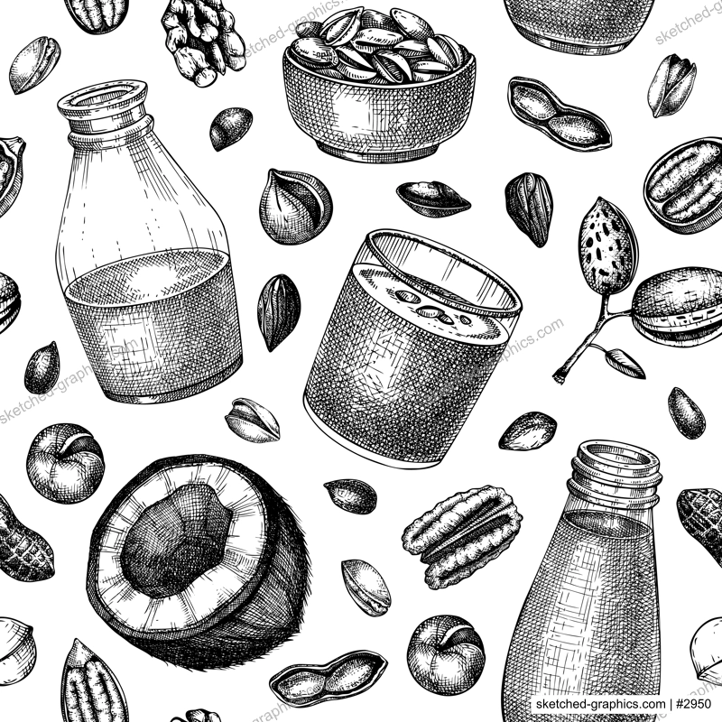 Nut milk pattern. Dairy products seamless endless background design. Repeating print with plant milk, almond, pecan, coconut, pistachio. Vegetarian food sketches for fabric, textile, decoration
