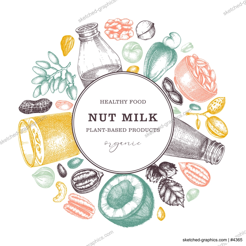 Nut milk, wreath design. Plant milk, healthy drink, vegetarian food background. Almond, pecan, pistachio, coconut, cashew. Nut sketches. Packaging for dairy products. Vector illustration in color